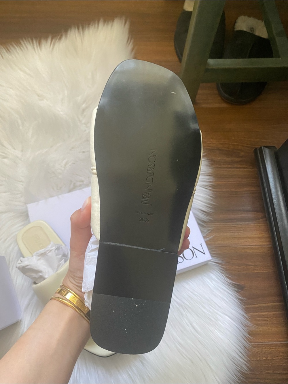 JW ANDERSON Cream Leather Slide Sandals with Gold Anchoring - Picture 3 of 5